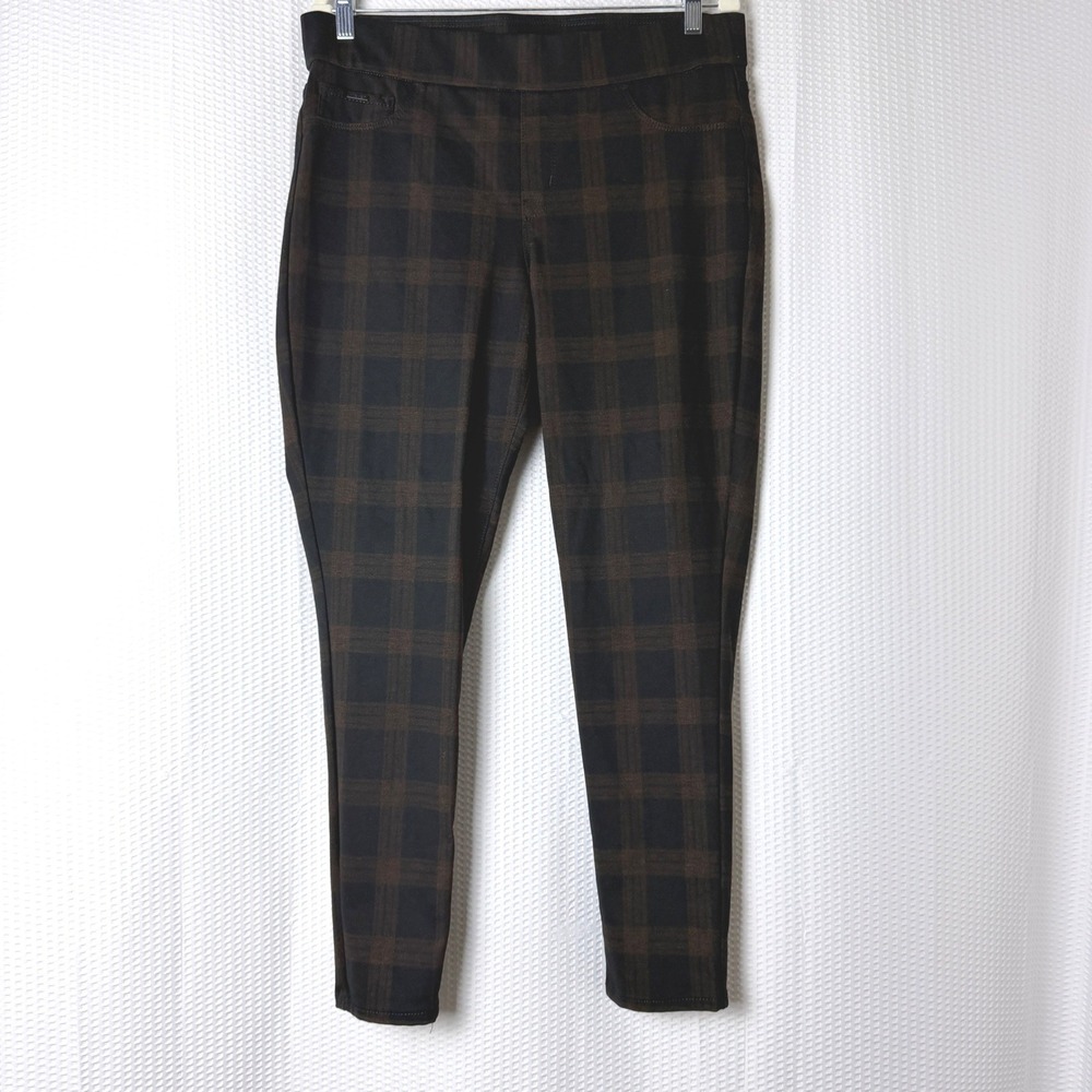 Nine West Jeans Skinny Leggings Womens L Black Brown Plaid Pull-On Stretch Pants